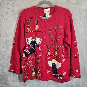 Quacker Factory Believe In Angels Red Cardigan Sweater L Button Embroidered